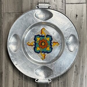 VINTAGE ARGENTAL CELLINI CRAFT HAND WROUGHT ALUMINUM SERVING TRAY W/TILE CENTER